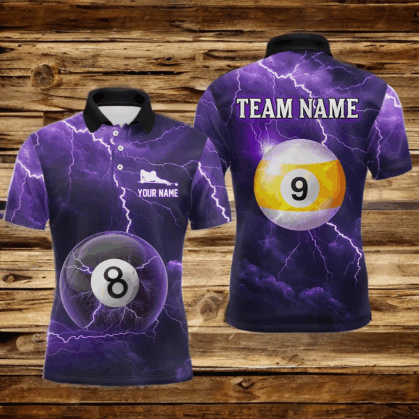 Purple Thunder 8 & 9 Ball Billiards Shirt Men Team Polo & 1/4 Zip Shirts Billiard Jersey NNT17