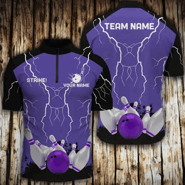 Men's bowling Quarter Zip shirts Custom bowling strike lightning storm team league jersey | Purple NQS6645
