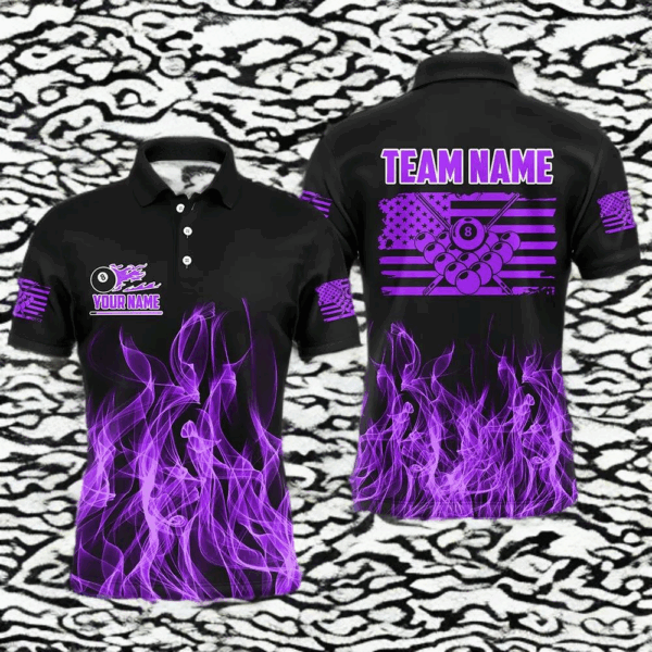 3D Purple Flaming American Flag Men Billiard Shirt Custom Patriotic Pool Player Billiard Jersey TDM3164