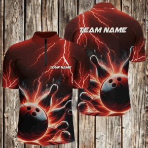 Custom Men Bowling Quarter Zip Shirts Red Thunder Lightning Bowling Strike Bowling Team Shirts IPHW5404