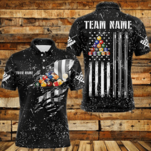 Personalized Black Grunge US Flag Billiard Balls Polo, 1/4 Zip For Men, 8 Ball Pool Billiard Jersey TDM3573