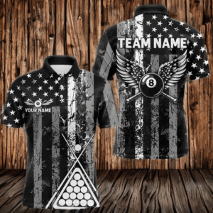 Black White 8 Ball Wings Grunge US Flag Patriotic Billiard Shirts For Men Custom Billiard Jerseys TDM3572