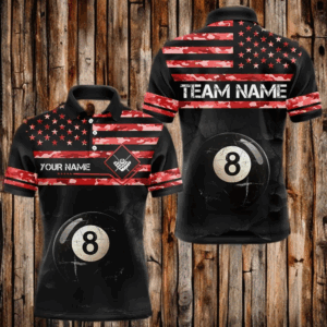 Customized Retro 8 Ball Pool Red Camo US Flag Billiard Shirts For Men, Patriotic Billiard Jerseys TDM3568