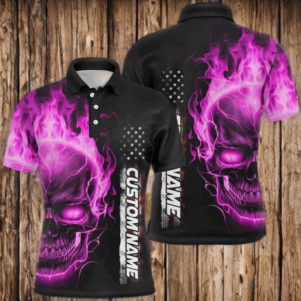 Pink Flame Skull Custom Bowling Polo Shirts For Men And Women, American Bowling Team Jerseys IPHW5279