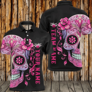Pink Sugar Skull Tattoo Custom Unisex Team Bowling Polo Shirts, Halloween Team Bowling Jerseys IPHW5243
