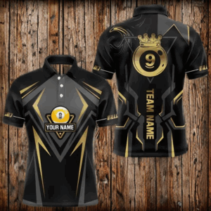 Customized 9 Ball Pool Crown Men Billiard Shirts, Gold And Black Billiard Team Shirts, Pool Jerseys TDM3565