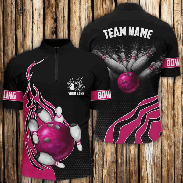 Pink Flame Bowling Polo Shirts For Men Bowling Ball, Custom Bowling Team Jerseys Bowler Outfits IPHW5219