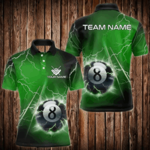 Personalized Green 3D Thunder Lightning 8 Ball Pool Billiard Shirts For Men, Billiard Team Jerseys TDM3549