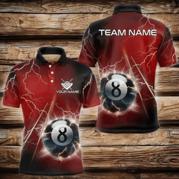 Personalized Red 3D Thunder Lightning 8 Ball Pool Billiard Shirts For Men, Billiard Team Jerseys TDM3548