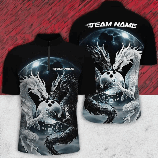 Black And White Dragon Custom Bowling Shirts For Men, Dragon Bowling League Shirt Outfits IPHW7064