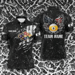 Personalized US Flag Billiard Balls 3D Polo Shirts For Men, Funny Billiard 9 Ball Wings Jerseys VHM1009