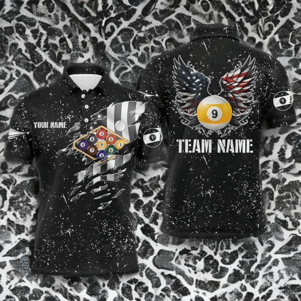 Personalized US Flag Billiard Balls 3D Polo Shirts For Men, Funny Billiard 9 Ball Wings Jerseys VHM1009