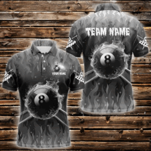 Personalized Grey 3D 8 Ball Pool Fire Billiard Shirts For Men Custom Billiard Apparel Jerseys TDM3531