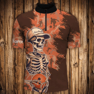 Men's Skull orange camo Bowling Shirt Quarter-Zip Custom Name Men Bowlers Jersey NQS5796