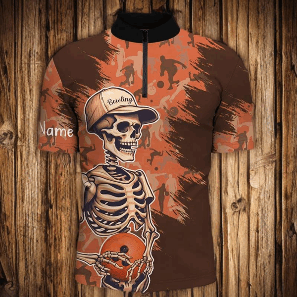 Men's Skull orange camo Bowling Shirt Quarter-Zip Custom Name Men Bowlers Jersey NQS5796