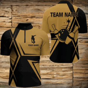Black&Gold Bowling Jersey Men Custom Bowling Quarter-Zip Shirt Vintage Bowling Team League Shirt BDT146