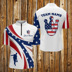 Custom Bowling Quarter-Zip Shirt Men USA Flag Bowling Team Jersey Patriotic Bowling League Shirt BDT124
