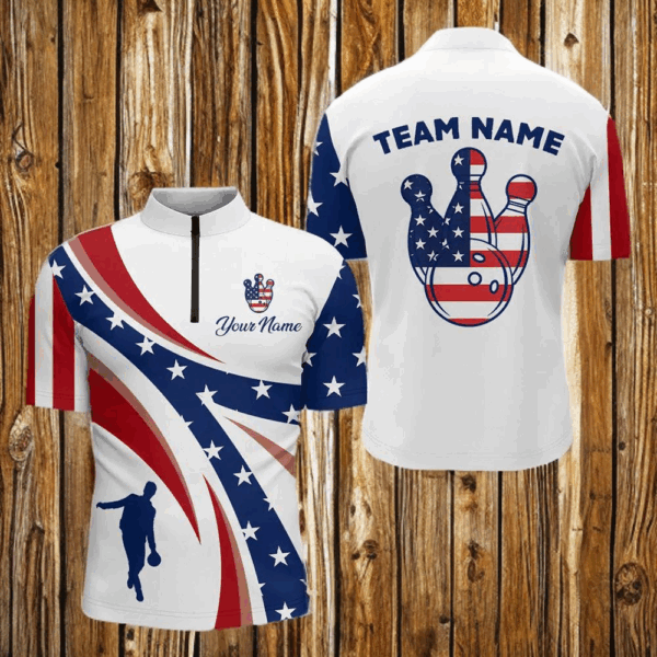 Custom Bowling Quarter-Zip Shirt Men USA Flag Bowling Team Jersey Patriotic Bowling League Shirt BDT124