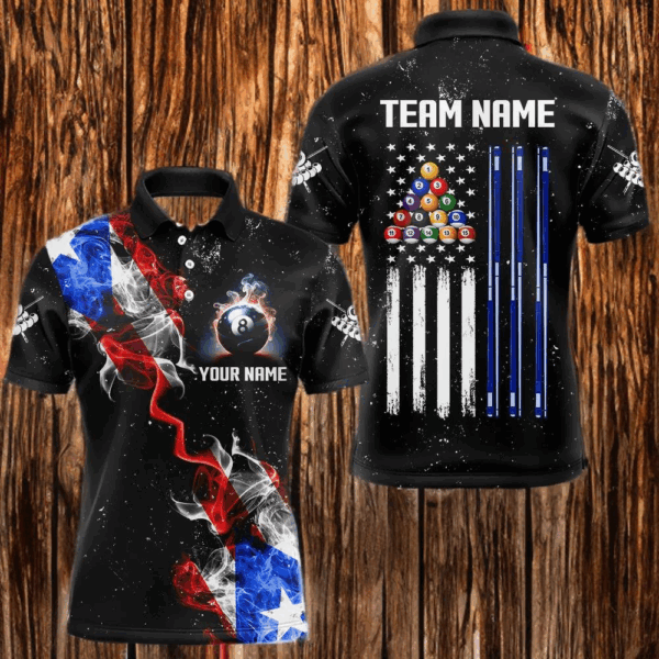 Personalize Grunge US Flag Smoke Men Billiard Polo & Quarter Zip Custom Patriotic Billiard Jerseys TDM3490