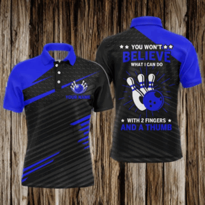 Funny Bowling Polo Shirt for Men, Blue & Black Custom Bowling Jersey, 2 Fingers and A Thumb NBP168