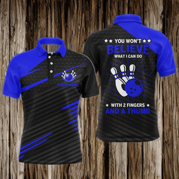 Funny Bowling Polo Shirt for Men, Blue & Black Custom Bowling Jersey, 2 Fingers and A Thumb NBP168