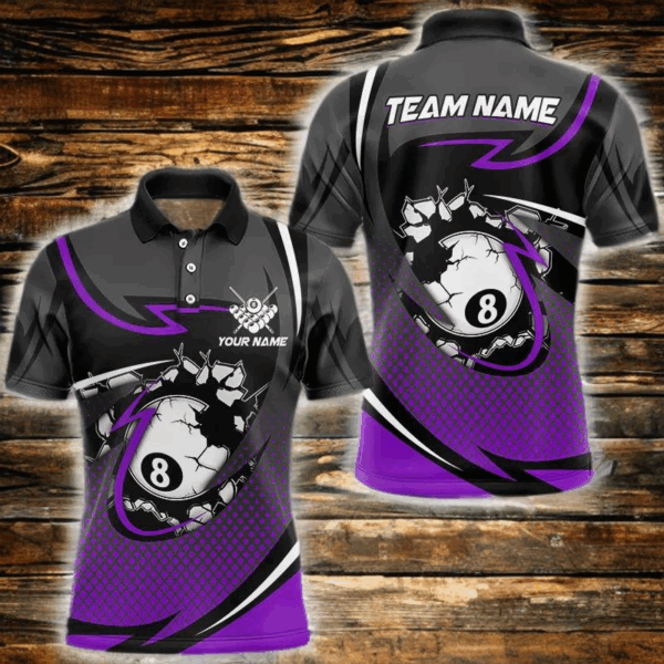 Funny 8 Ball Pool Purple Billiard Jersey For Men Custom Polo & Quarter Zip Billiard Team Shirts TDM3488