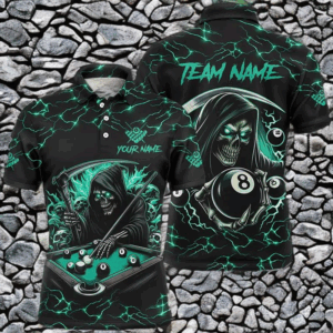Turquoise Funny Death Skeleton 8 Ball Pool Men Billiard Shirts Custom Lightning Billiard Jerseys TDM2040