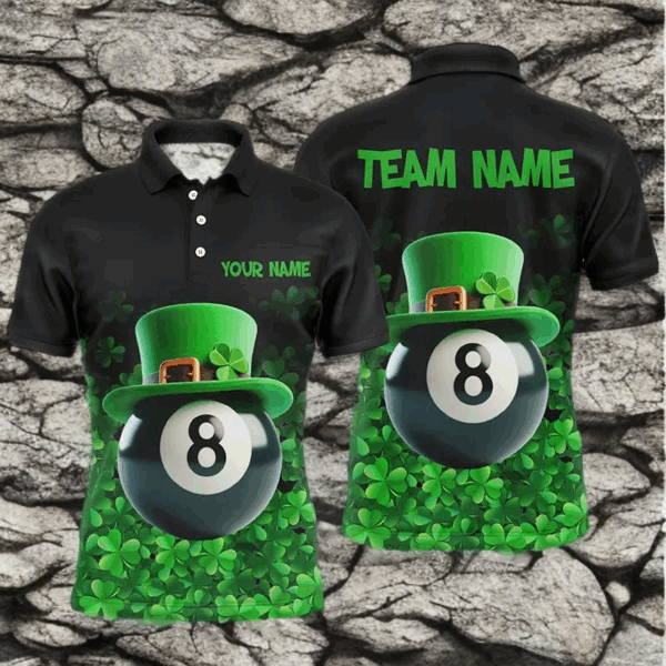 Personalized St Patrick's Day 8 Ball Pool 3D Polo Shirts For Men, Shamrock Billiard Team Jerseys VHM0996