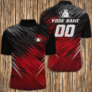 Red and black Mens Quarter Zip shirts custom name bowling shirts for men, team bowling jerseys NQS5137