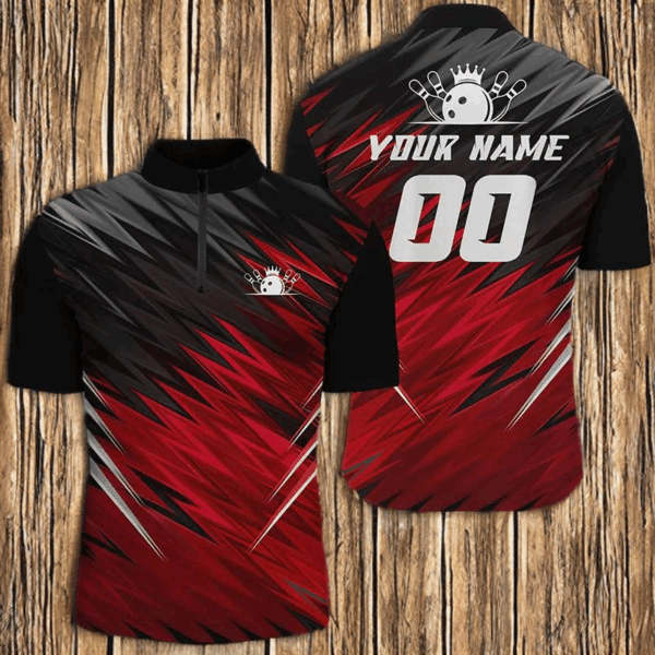 Red and black Mens Quarter Zip shirts custom name bowling shirts for men, team bowling jerseys NQS5137