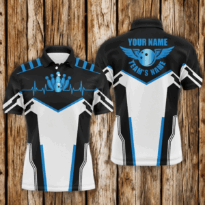 Black and white Bowling shirts for men custom name, team name Bowling Ball & Pins mens polo shirts NQS4899