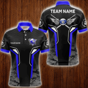 Black And Blue 10 Ball Pool Wings Custom Camo Billiard Shirt For Men, 10 Ball Billiard Team Jerseys TDM3485
