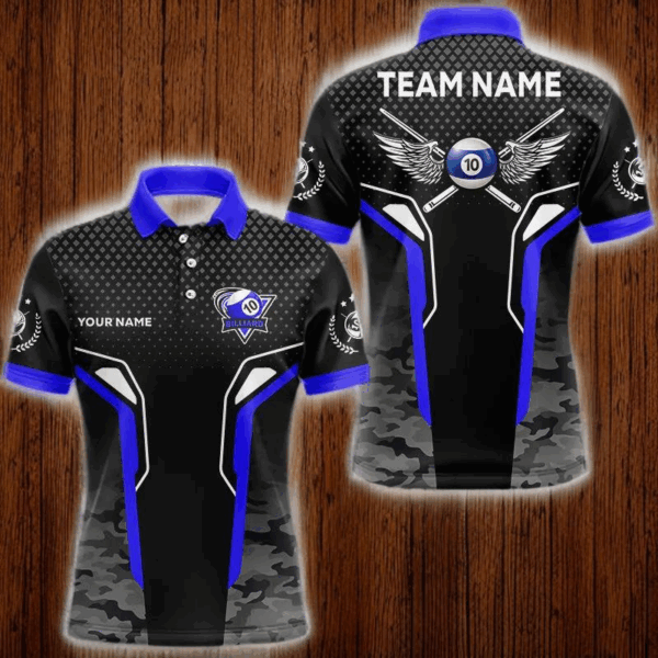 Black And Blue 10 Ball Pool Wings Custom Camo Billiard Shirt For Men, 10 Ball Billiard Team Jerseys TDM3485