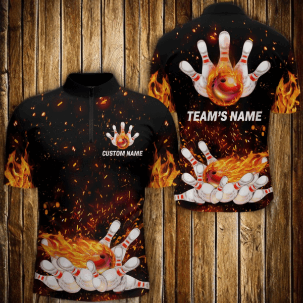 Flame Bowling Shirt for Men Quarter-Zip Shirt, Personalized Team Bowlers Jersey Short Sleeves NBZ65