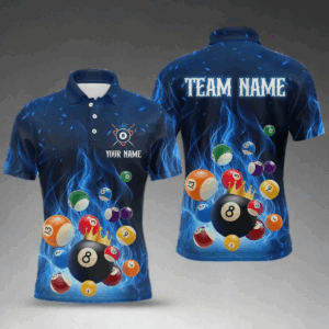 Blue Flaming Billiards Shirt 8 Ball Billiards Shirt Men Polo Shirts & 1/4 Zip NNT09