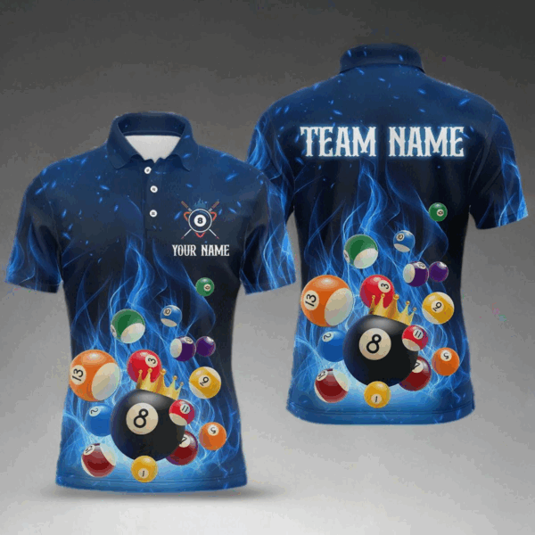 Blue Flaming Billiards Shirt 8 Ball Billiards Shirt Men Polo Shirts & 1/4 Zip NNT09
