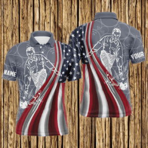 Patriotic Men's Polo Bowling Shirt, American Flag Custom Name Bowlers Jersey Short Sleeve NBP97