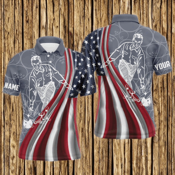 Patriotic Men's Polo Bowling Shirt, American Flag Custom Name Bowlers Jersey Short Sleeve NBP97
