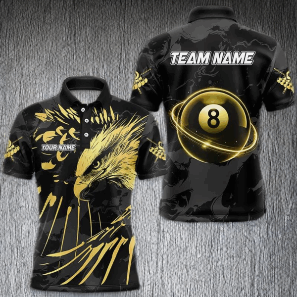 Custom Black And Gold 8 Ball Pool Eagle Paint Billiard Shirts For Men Team League Billiard Jerseys TDM3477