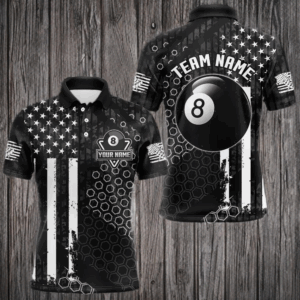 Personalized Black White American Flag Billiard Shirts For Men, Patriotic 8 Ball Billiard Jerseys TDM3476