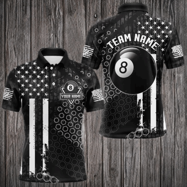 Personalized Black White American Flag Billiard Shirts For Men, Patriotic 8 Ball Billiard Jerseys TDM3476