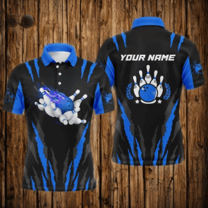 Bowling polo shirts for men custom name Flame Bowling Ball and Pins bowling jerseys | Blue NQS4542