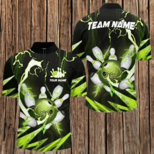 Green Thunder Lightning bowling ball and pins jerseys Custom Team Bowling Polo, 1/4 Zip Shirts For Men NQS9832