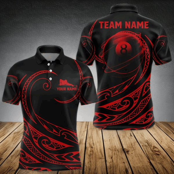 Black And Red 8 Ball Pool Tribal Pattern Men Billiard Polo & 1/4 Zip Custom Billiard Pool Jerseys TDM3472