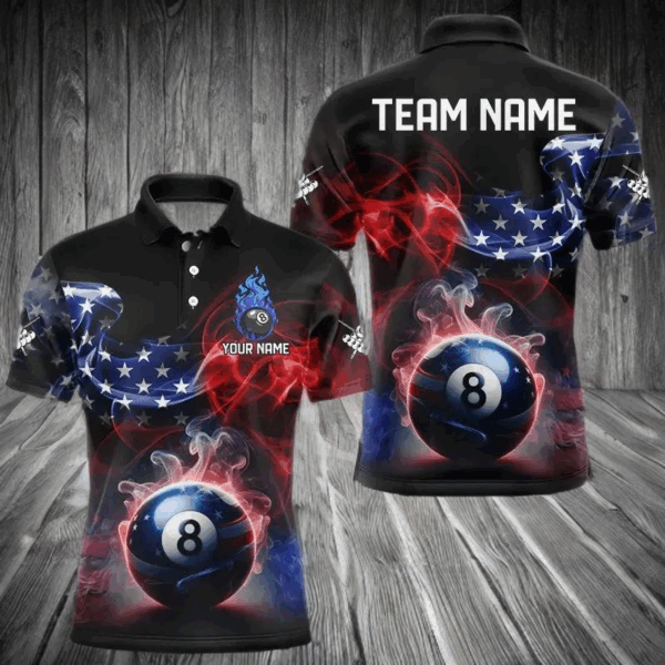 Custom American Flag Smoke 8 Ball Pool Billiard Polo & 1/4 Zip For Men, Patriotic Billiard Jerseys TDM3470