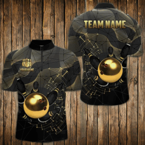 Personalized Black and Gold Bowling Polo, Quarter Zip Shirts For Men Custom Bowling Team League Jersey NQS9688