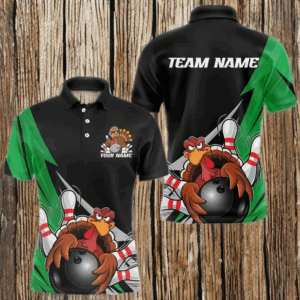 Black And Green Custom Funny Turkey Thanksgiving Bowling Team Polo Shirts For Men IPHW8876