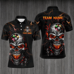 Thunder Skull Billiard Jerseys Men Polo & 1/4 Zip Shirt Skull 8 Ball Pool Billiard NNT03