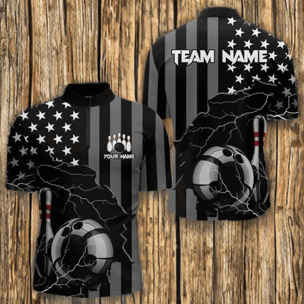 Personalized Black American flag Lightning thunder Custom Bowling Team Shirts For Mens Bowling Jersey NQS9538