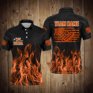 3D Orange Flaming American Flag Men Billiard Shirt Custom Patriotic Pool Player Billiard Jersey TDM3453